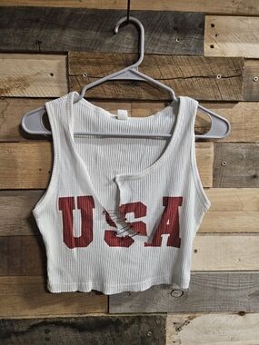 White Ribbed USA Graphic Crop Tank Top with Red Print